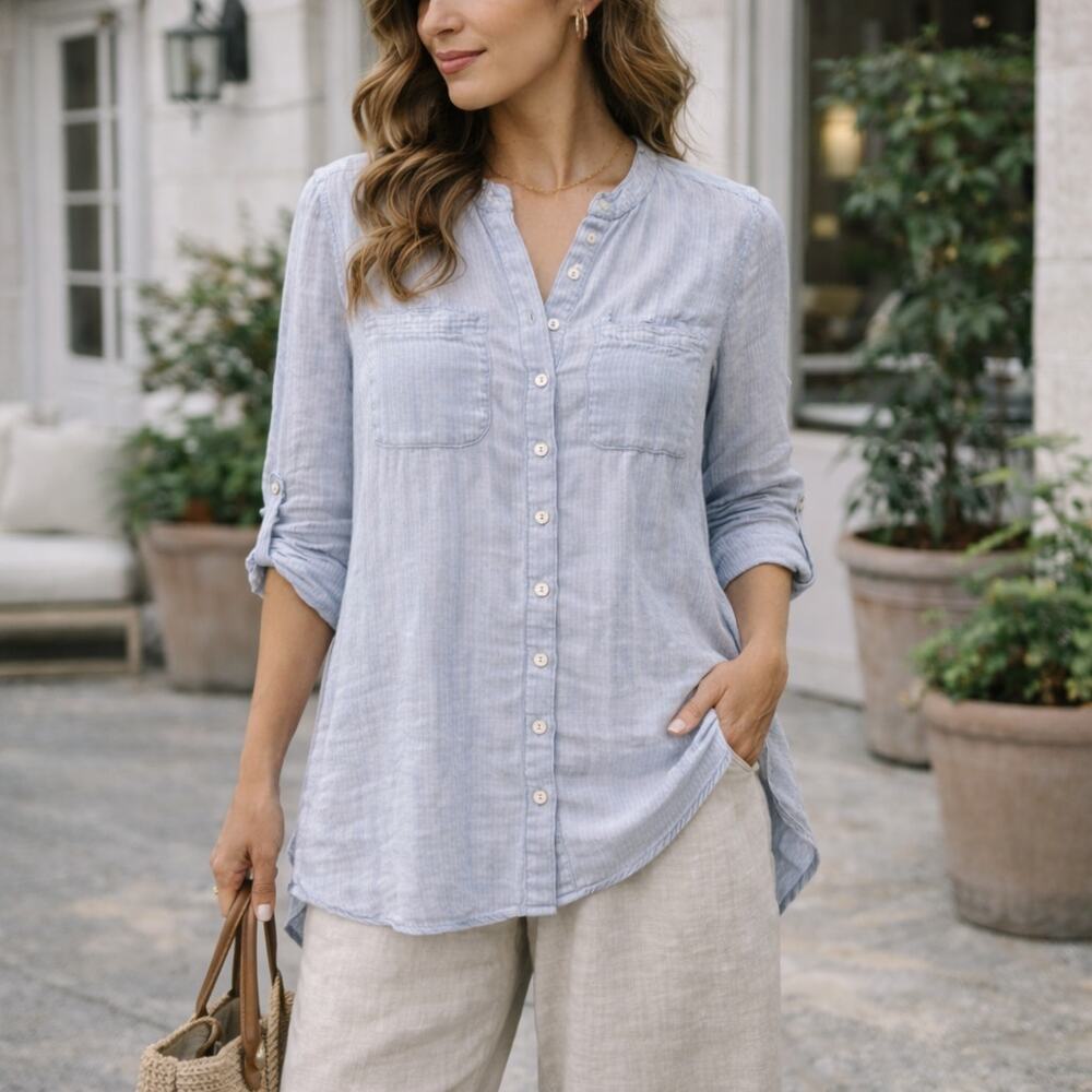 Jigsaw 100% Linen Sz Small Blue Relaxed Fit Long Sleeve Lagenlook Roll Tab Top